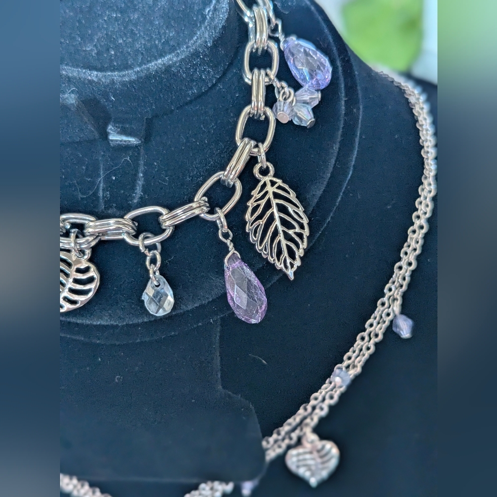 Cookie Lee Silver Blue Purple Leaf Necklace Set - Picture 2 of 4